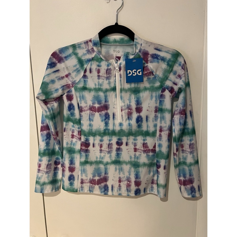 NWT‎ DSG Girls' Long Sleeve Rash Guard Top Size Large Tide Dye 1/2 Zip Sun